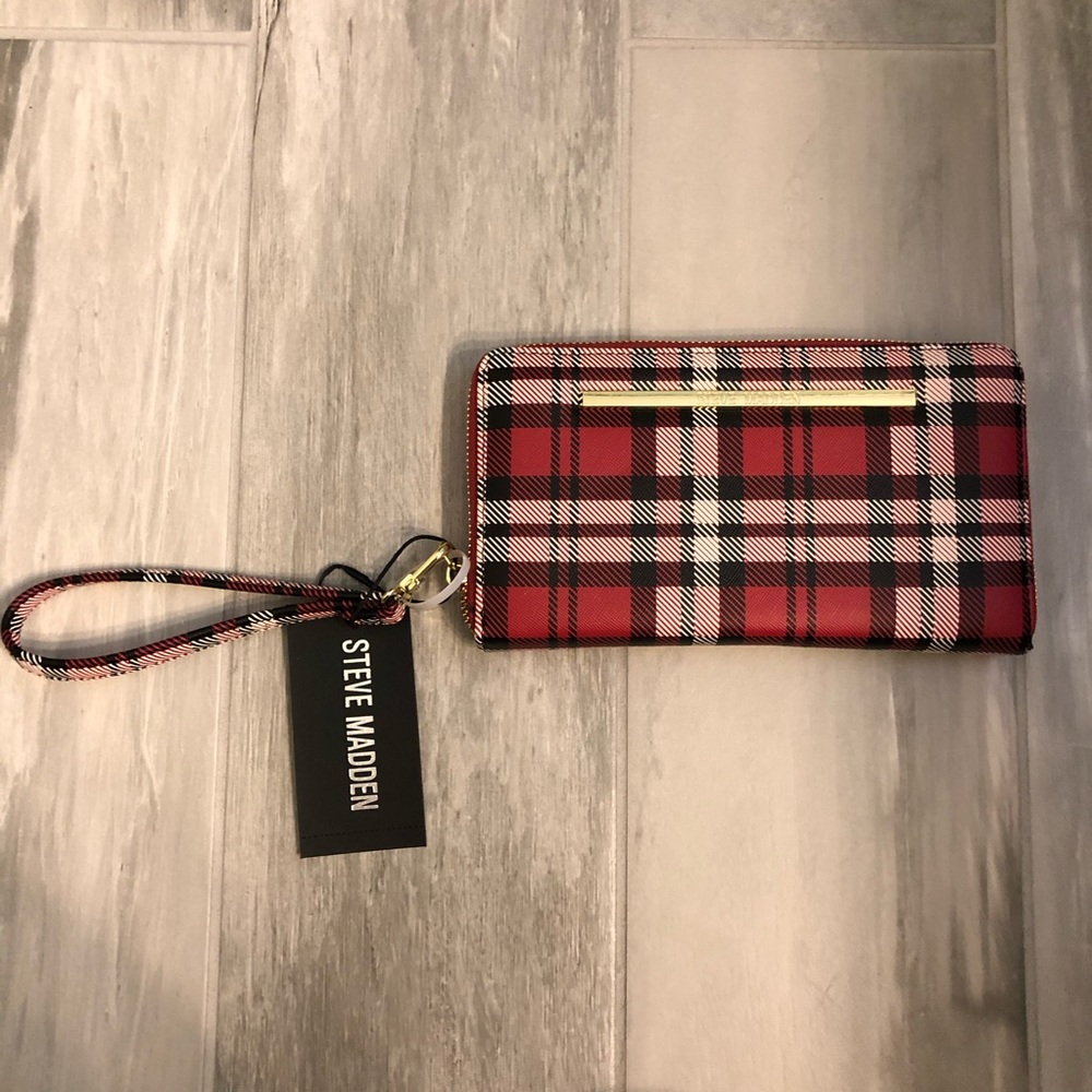 Steve Madden Red Plaid Zip Around Wallet